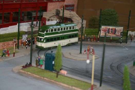 phone box and tram on a model railway