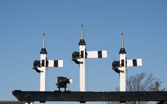 railway signals set across the railway tracks against a blue sky