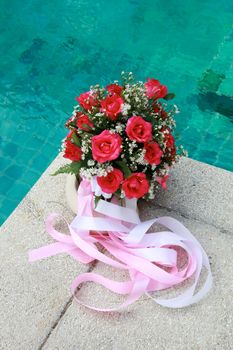 Flowers at an outdoor wedding venue.