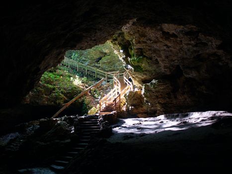 Large opening of a cave at Maquoketa Caves in Iowa.