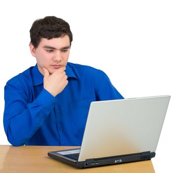 Young man and laptop on the white background