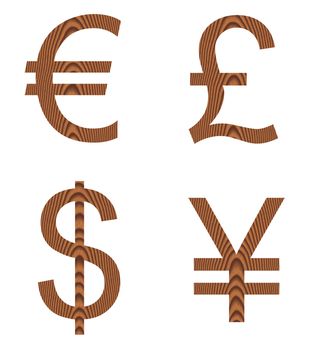 Wooden currency signs isolated in white