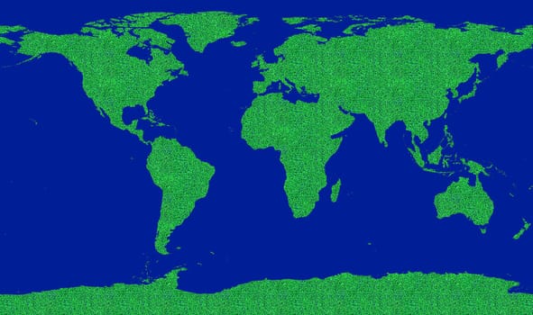 concept image about world environment saving. Map of the world filled by a green grass pattern. Go green!