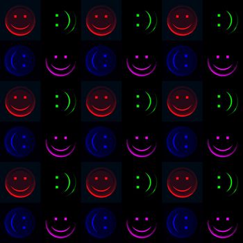 seamless texture of red, blue, green and magenta smileys glowing on black