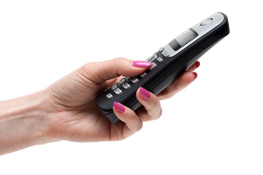 Feminine hand with telephone, rose nailwear, manicure, on white background