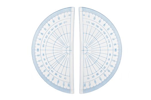 Close up capturing two protractors arranged over white.