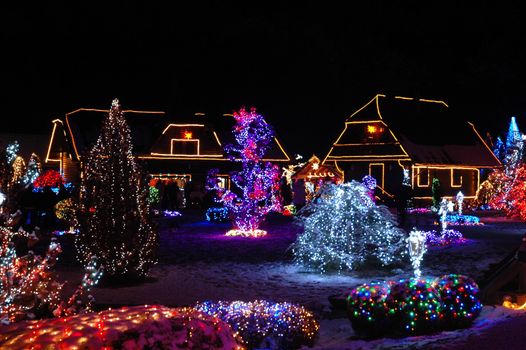 Houses and trees decorated with colorful lights for Christmas