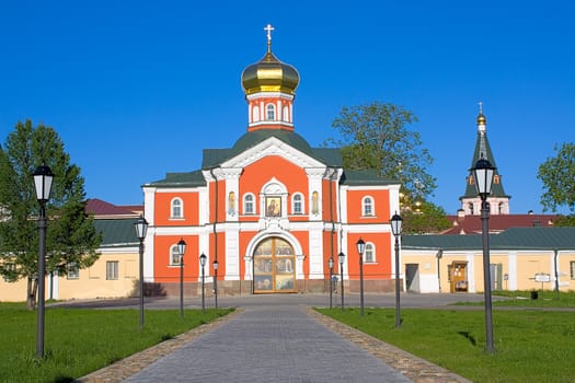 View of church and entrance to Iversky Monastery, Russia
