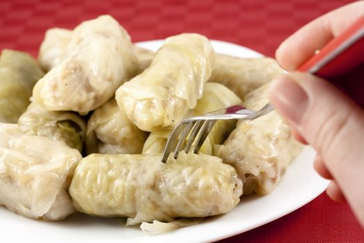 Cabbage rolls (sarma) stuffed with rice and meat.