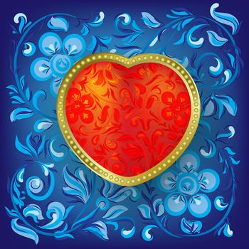 Valentines greeting with heart on blue floral background