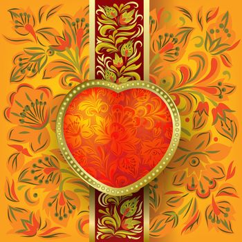 Valentines greeting with heart on orange floral ornament