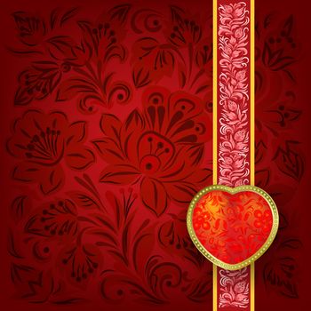 Valentines greeting with heart on red floral background