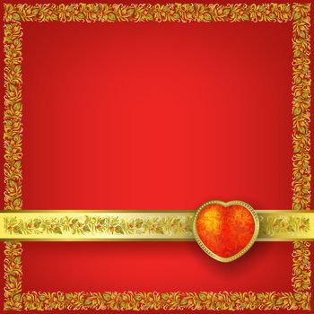 Valentines greeting with red heart on red floral background