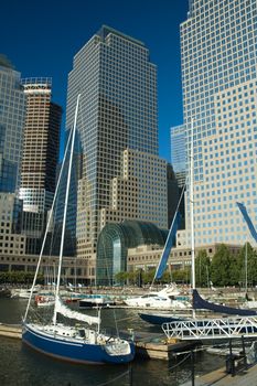 several yachts in front of world trade center, lower manhattan