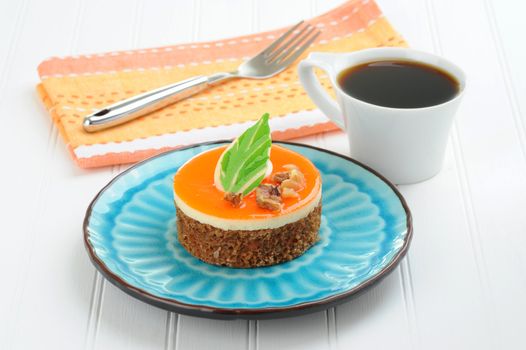 Individual serving of a delicious carrot cake dessert.