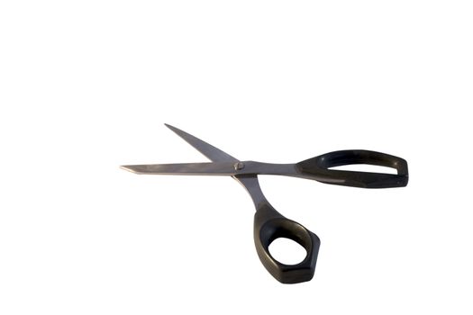 A pair of open black scissors on white background