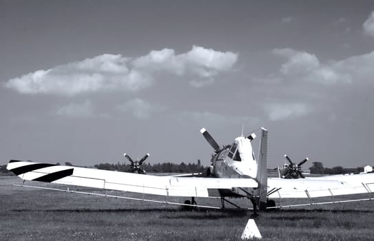 Old plane seen from behind, targeting blue sky, black and white