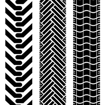 Collection of tire treads in black and white with repeat pattern