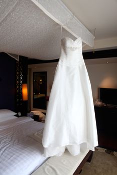 Beautiful white silk and satin wedding dress.