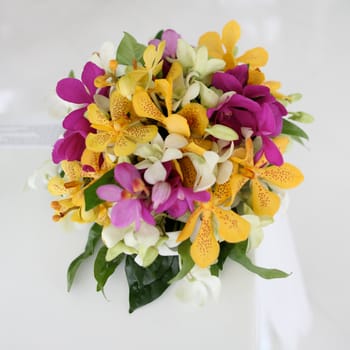 Wedding bouquet made of tropical flowers.