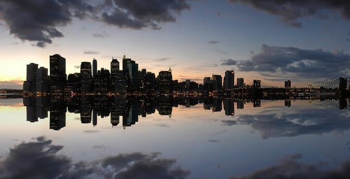 new york dusk panorama, clear mirror reflection, statue of liberty in distance