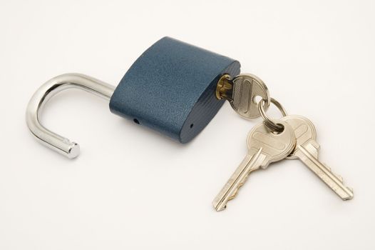open lock with three keys on white background