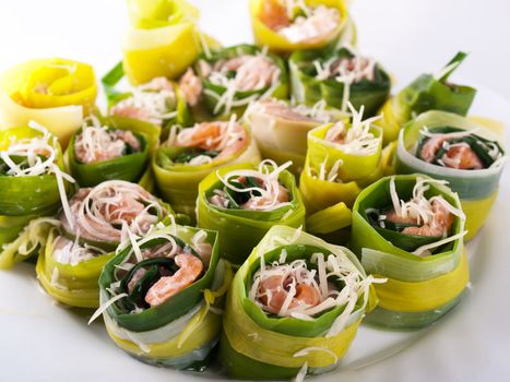 Salmon, leek and cheese rolls 