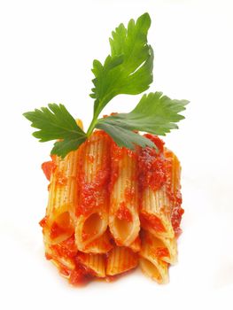 stack of penne pasta in tomato sauce isolated on white