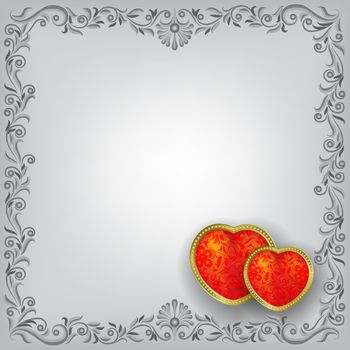 Valentines greeting with red hearts on gray floral background