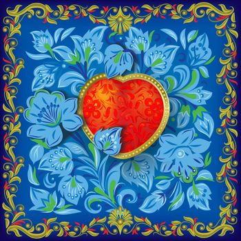 Valentines greeting with red heart in blue floral ornament