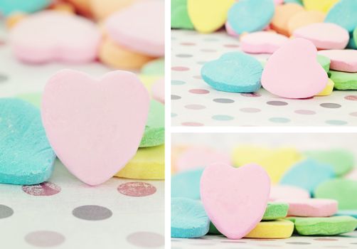 Collage of Valentine's Day heart shaped candy with selective focus. Blank for your copyspace.