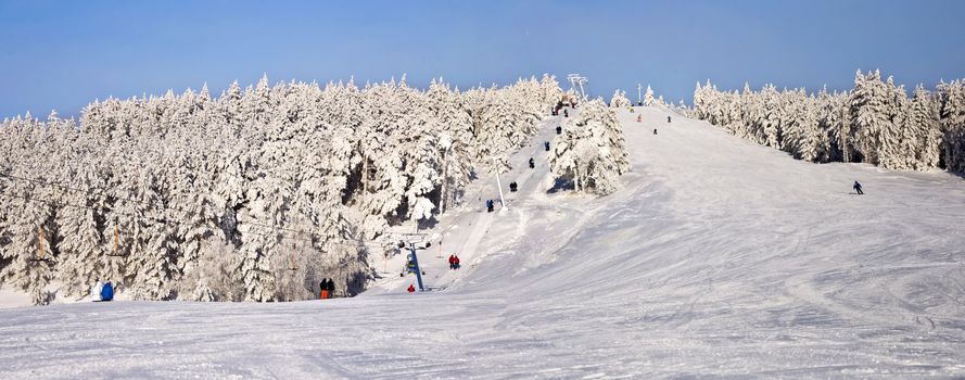 Ski slope with a lift in a snowy forest. Winter landscape. XXL panorama