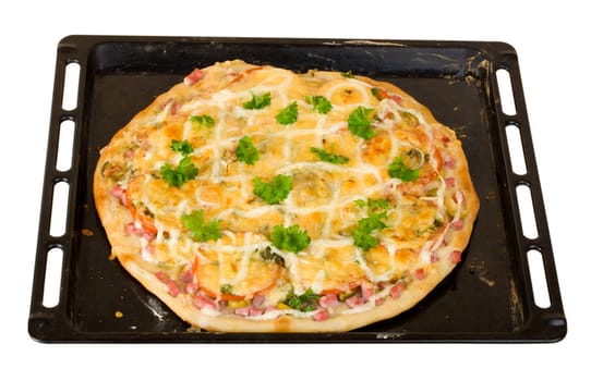 baked pizza on baking tray, isolated on white