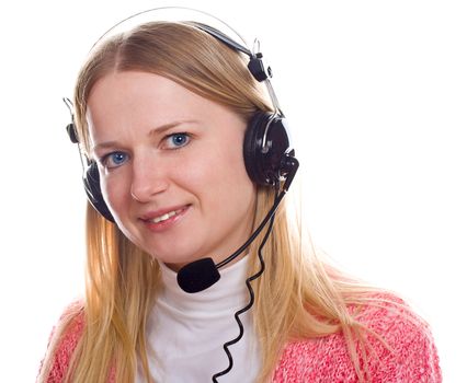 portrait of a young blond woman with head-phones, isolated on white