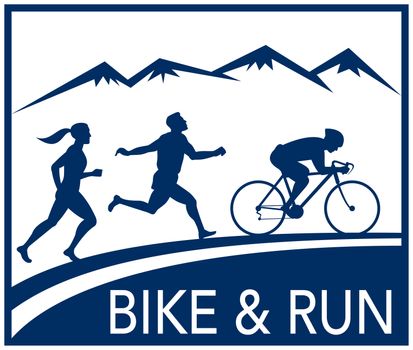illustration of a silhouette of marathon runner and cyclist  race with mountains and words bike and run done in retro style

