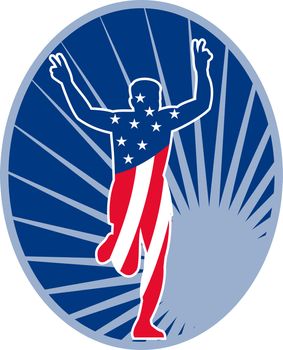 illustration of a silhouette of American stars and stripes flag Marathon runner flashing victory hand sign done in retro style with sunburst set inside oval
