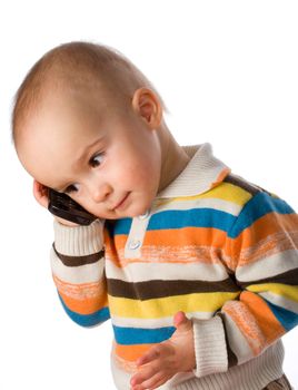 little boy talking on phone, isolated on white