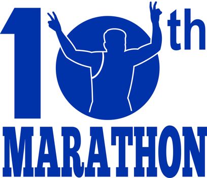 illustration of a silhouette of Marathon runner flashing victory hand sign done in retro style set inside circle with words 10th marathon