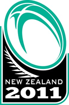 illustration of a rugby ball and fern with words new zealand 2011