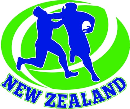illustration of a Rugby player running fending off tackle with ball shape in background and words "new zealand"