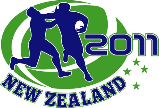 illustration of a Rugby player running fending off tackle with ball shape in background and words "new zealand 2011"