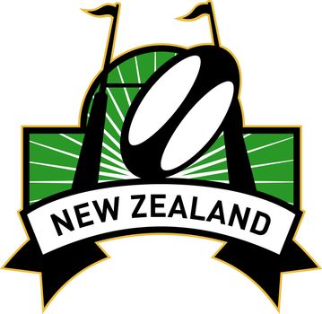 retro style illustration of a rugby ball and goal post inside rectangle with words new zealand 