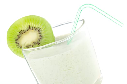 close-up milkshake with kiwi and straw, isolated on white