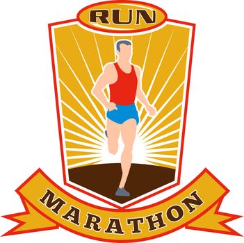 illustration of a silhouette of Marathon runner running race sunburst and set inside shield done in retro style words run marathon