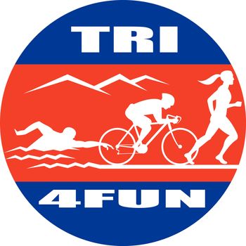 illustration showing the progression of triathlon showing an athlete swimming, biking or cycling and finishing of with  a run.