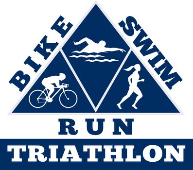 illustration showing the progression of triathlon showing an athlete swimming, biking or cycling and finishing of with  a run.