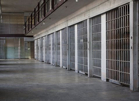 Jail cells with the doors closed at a histororic idaho prison