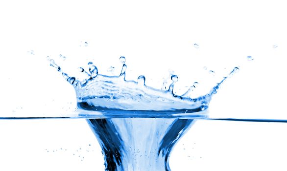 close-up splash in blue water, isolated on white