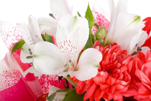 close-up wedding bouquet with orchid and chrysanthemum, isolated on white