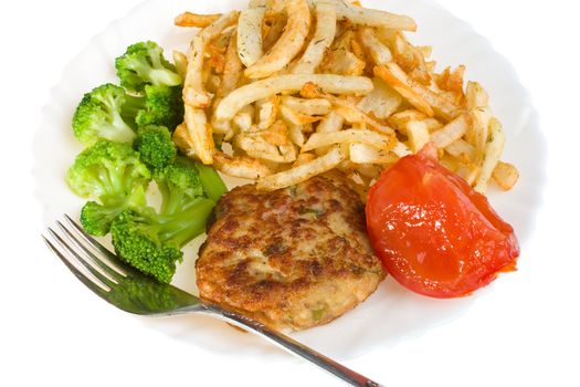 cutlet with tomato, broccoli and potatoes on plate, isolated